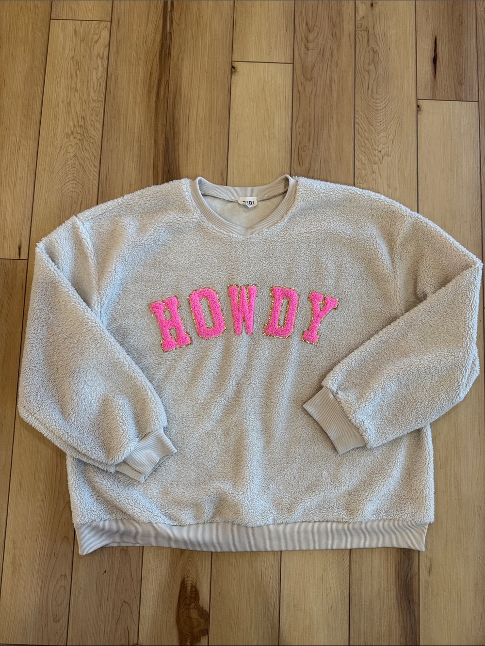 BiBi Cream Sherpa Crewneck with Pink HOWDY Applique Gold Sequence